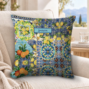 Stilrena blå turkos sicilianska citrus blomstergla kudde