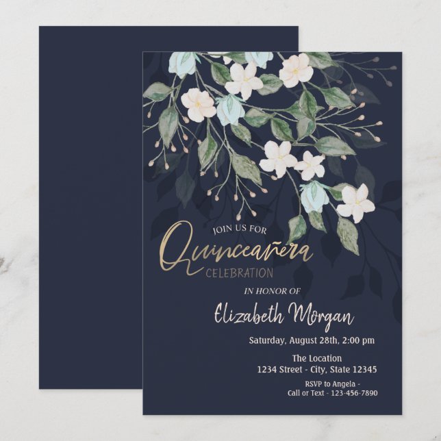 Stilrena blommor marinblå Quinceañera  Inbjudningar (Fram/baksida)
