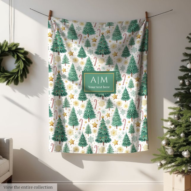 Stilrena gröna och gyllene akvarell julgranar fleecefilt (Chic green and gold watercolor Christmas trees Fleece Blanket)