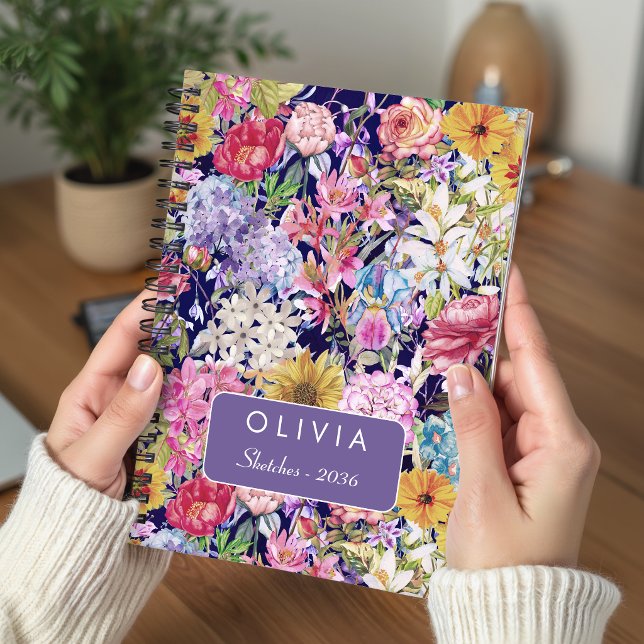 Stilrent blått gult blommönster monogram anteckningsbok (Skapare uppladdad)