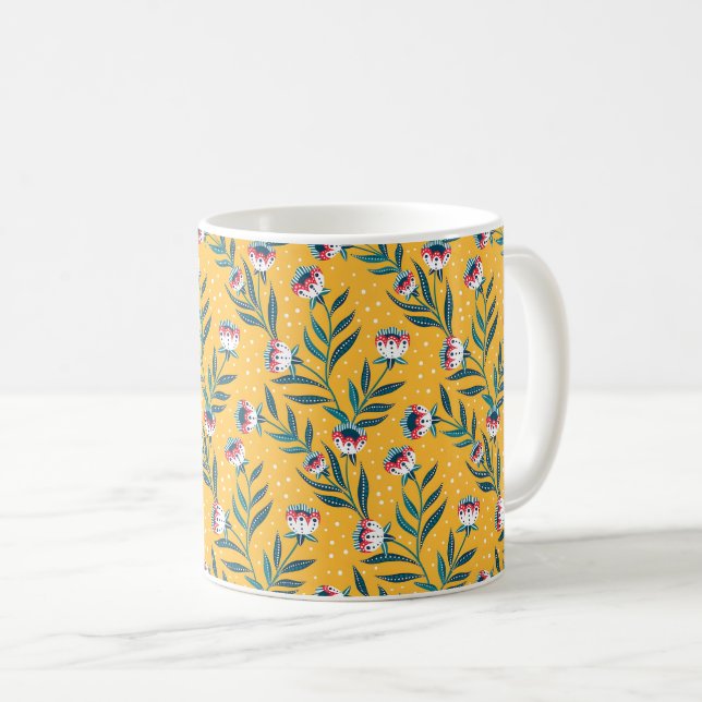 Stilrent blomster motiv med prickar och gröna blad kaffemugg (Framsida höger)