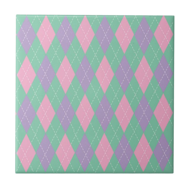 Stilrent grönt orange rosa argyle-mönster kakelplatta (Framsidan)