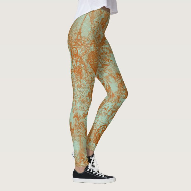 Stilrent grönt rost Paris Toile-design Leggings (Höger)