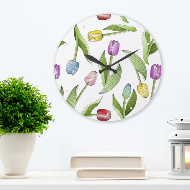 Stilrent modernt färgglatt tulpanblommigt mönster stor klocka (Skapare uppladdad)