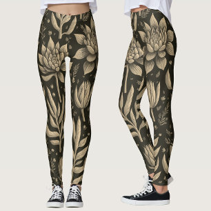Stilrent Monokromt Boho Sukkulenter Blommönster Leggings