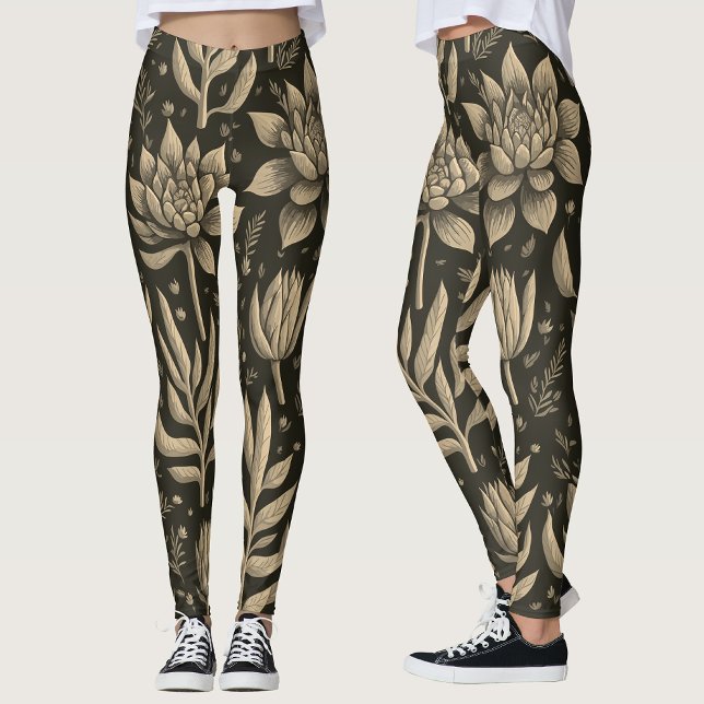 Stilrent Monokromt Boho Sukkulenter Blommönster  Leggings (Skapare uppladdad)
