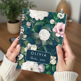Stilrent rosa blommönster grönt monogram mönster anteckningsbok