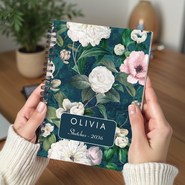 Stilrent rosa blommönster grönt monogram mönster anteckningsbok (Skapare uppladdad)