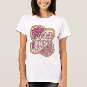 Stilrent rosa GOOD GIRL konstnärligt motiv T Shirt