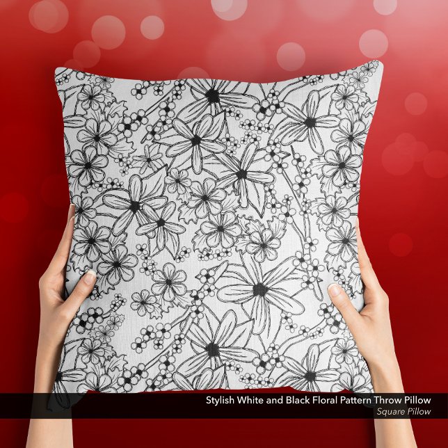 Stilt vitt och svart mönster kudde (Stylish White and Black Floral Pattern Throw Pillow with a Sketch-Like Hand-Drawn Feel.)
