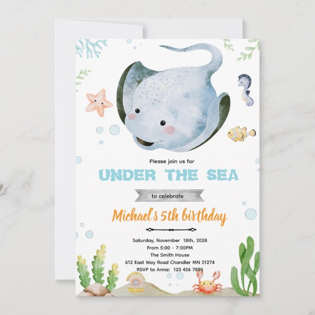 Stingray birthday party invitation inbjudningar (Framsida)