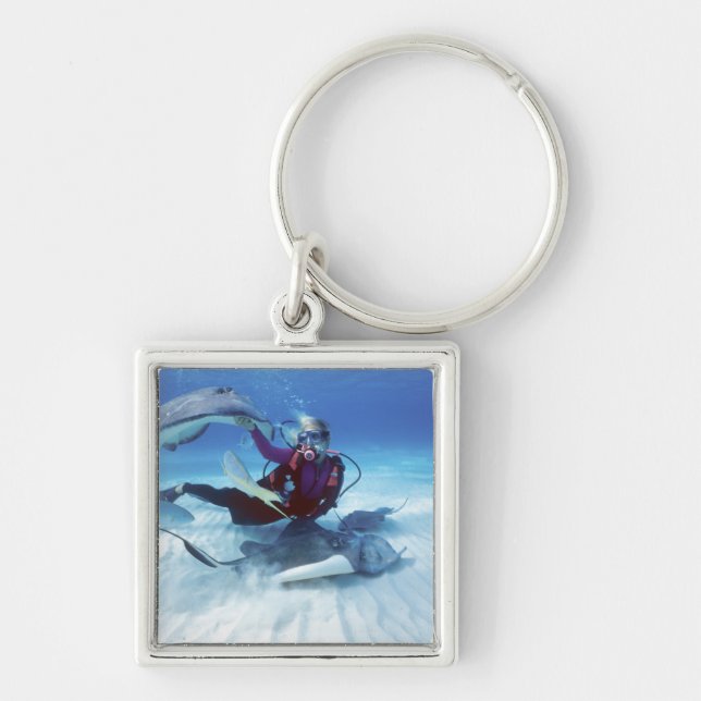 Stingray City, Grand Cayman, Caymanöarna Fyrkantig Silverfärgad Nyckelring (Framsidan)
