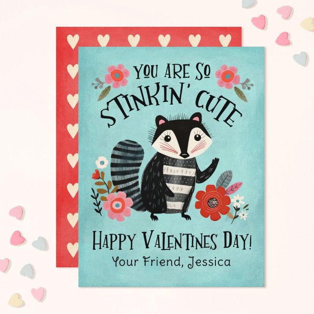 Stinkin Cute Skunk Valentines day-hälsningskort Anteckningskort (A Stinkin' cute Classroom Valentines Exchange Card)