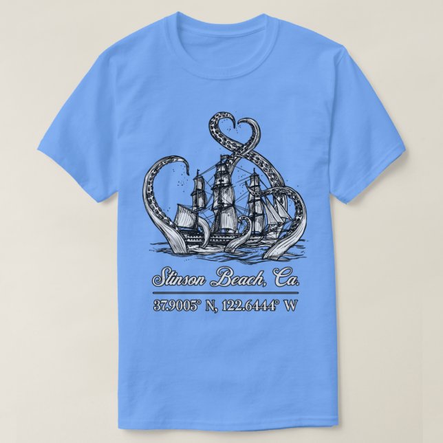 Stinson Beach CA Nautical Coordinates Boat Octopus T Shirt (Design framsida)