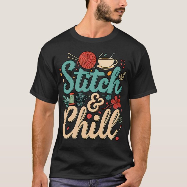 Stitch  Chill Stickning Sy Craft Hobby Kaffe L T Shirt (Framsida)