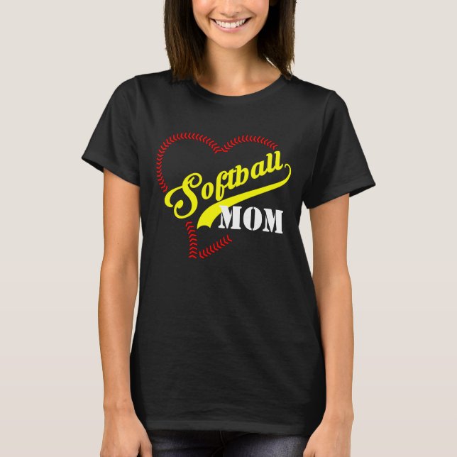 Stitch Heart Softball Mamma Personlig Women Black Tee Shirt (Framsida)