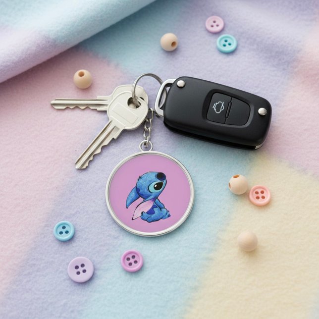 Stitch Keychain Rund Silverfärgad Nyckelring (Skapare uppladdad)