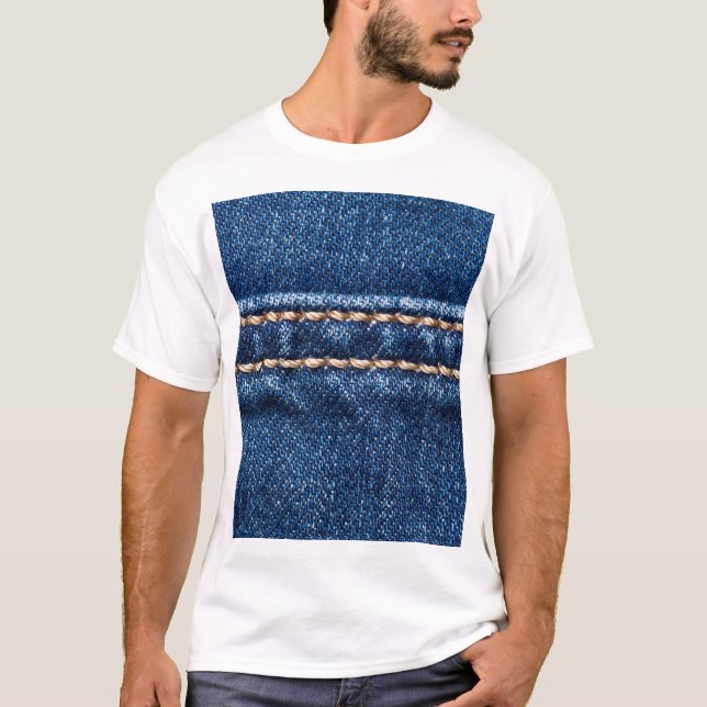 Stitched denim: Closeup jeans struktur. T Shirt (Framsida)