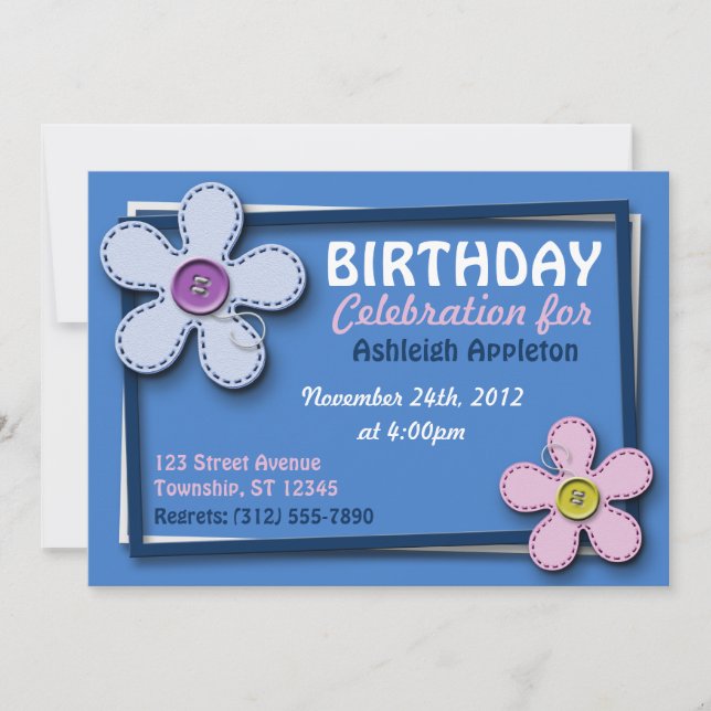 Stitched Flowers Trendig Blue Birthday-inbjudninga Inbjudningar (Framsida)