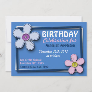 Stitched Flowers Trendig Blue Birthday-inbjudninga Inbjudningar