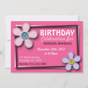 Stitched Flowers Trendig Rosa Birthday-inbjudninga Inbjudningar