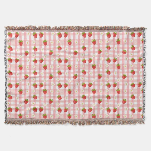 Stjäderbär och blommor på rosa gingham filt (Framsidan)
