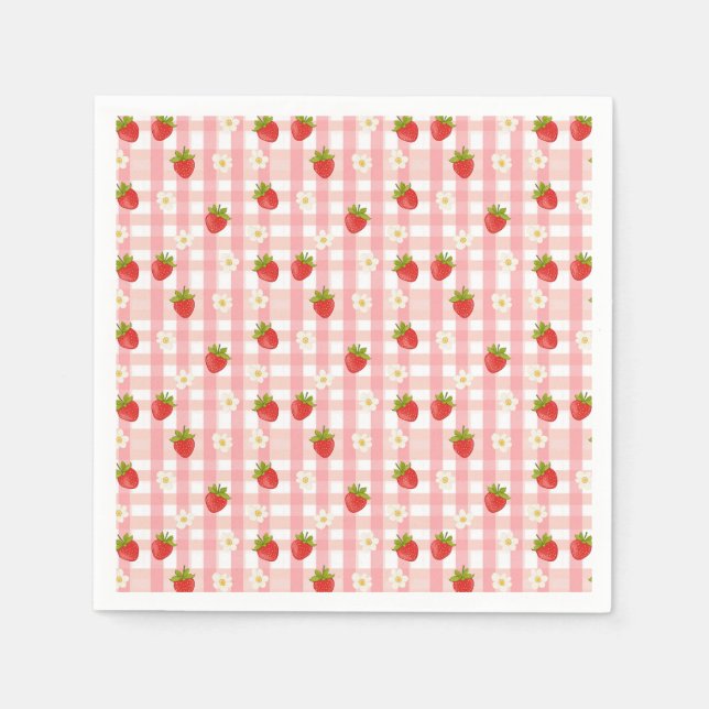 Stjäderbär och blommor på rosa gingham pappersservett (Framsidan)