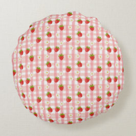 Stjäderbär och blommor på rosa gingham rund kudde