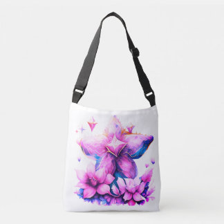 Stjärformad blomma med rosa och lila blommor axelväska