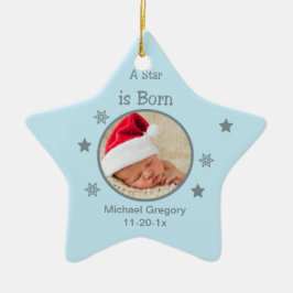 Stjärna är född Personligt fotoornament (Blå) Julgransprydnad Keramik