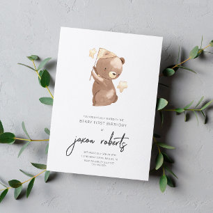 Stjärna Catcher Bear Cute Watercolor 1:a födelseda Inbjudningar