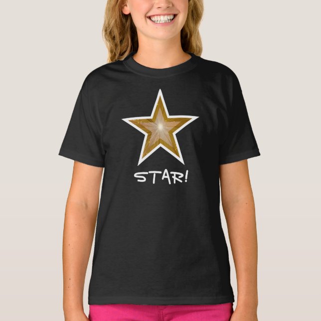 Stjärna vit "STAR!" Flickans t-shirt svart, Guld (Framsida)