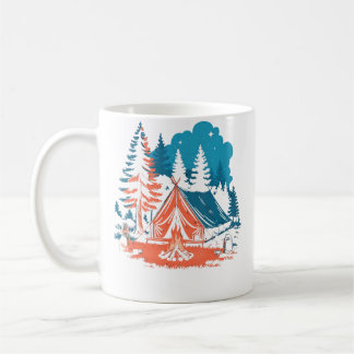 Stjärnbelyst camping tält lägereld och tallar även kaffemugg
