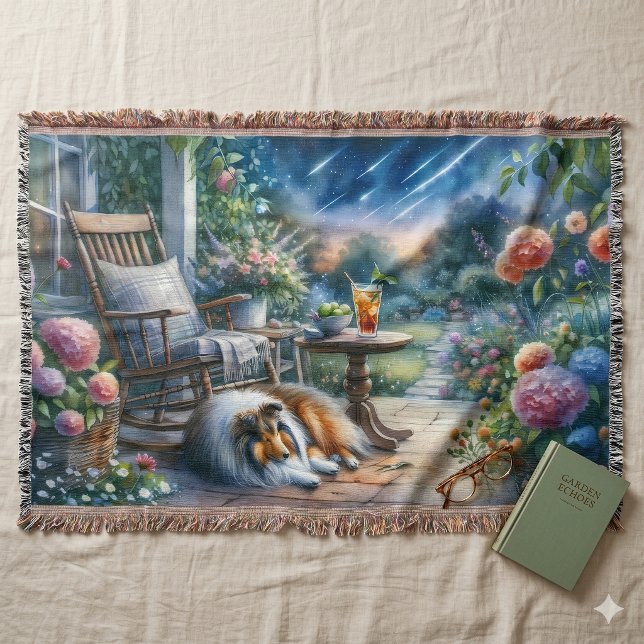 Stjärnbeströdd Trädgårdsveranda Sheltie Dröm Filt (Starlit Garden Porch Sheltie Dream Throw Blanket)