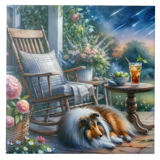 Stjärnbeströdd trädgårdsveranda Sheltie dröm Kakelplatta (Framsidan)
