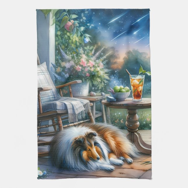 Stjärnbeströdd trädgårdsveranda Sheltie dröm Kökshandduk (Vertikal)