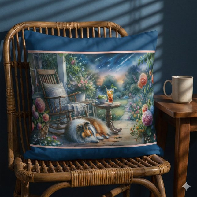 Stjärnbeströdd trädgårdsveranda Sheltie dröm Kudde (Starlit Garden Porch Sheltie Dream Throw Pillow Mockup A)