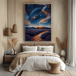 Stjärnbevuxet lavendelfält i pointillistisk stil poster