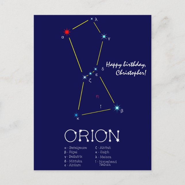 Stjärnbilden Orion på norra halvklotet Vykort (Framsida)