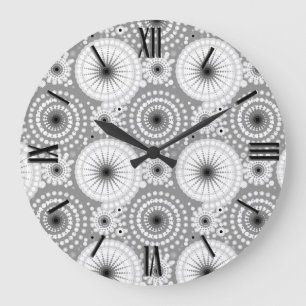 Stjärnburkar och pinhjul, grått, svartvitt stor klocka