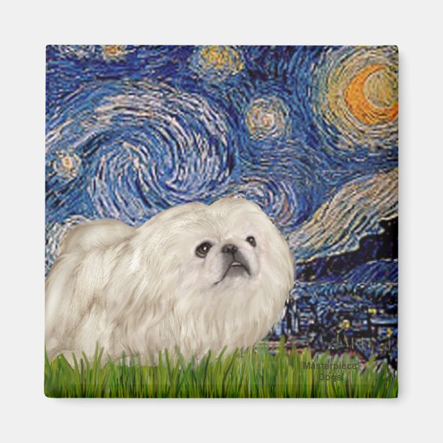 Stjärnenatt - Vit Pekingese 4 Magnet (Framsidan)