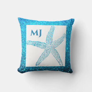 Stjärnfisk Glittrig Tealblå Monogram Initialer Söt Kudde