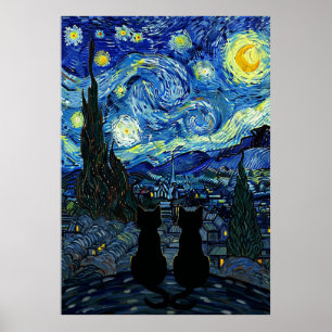 Stjärnfull katt natt Van Gogh-inspirerad stjärnhim Poster