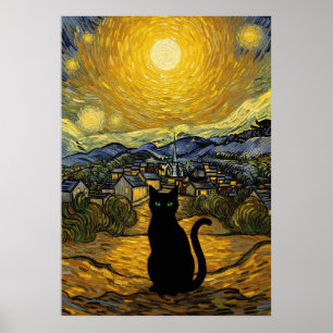 Stjärnfull katt natt Van Gogh-inspirerad stjärnhim Poster