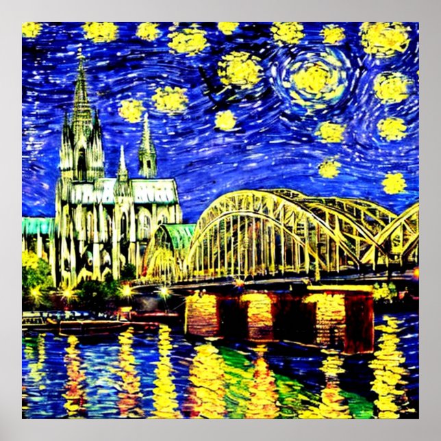 Stjärniga Natt Köln Tyskland Katedral Poster (Framsidan)