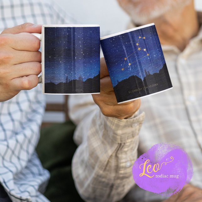 Stjärniga Natt Träd Guld Leo Stjärnbild Kaffemugg (Skapare uppladdad)