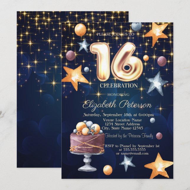 Stjärnkakor Navyblå Sweet 16-inbjudan Inbjudningar (Fram/baksida)