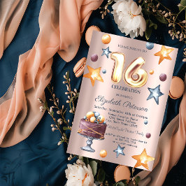Stjärnkakor Rosa Guld Ballonger Sweet 16 Inbjudningar
