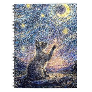 Stjärnklar katt i natt – Van Gogh-inspirerad konst Anteckningsbok