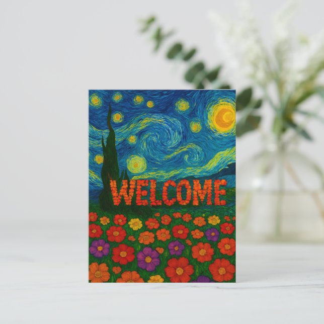 Stjärnklar natt Blommig Välkomst Konstnärlig Desig Vykort (Stående Fram)